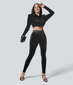 Legging de 7/8 Casual En Velours Avec Poche Latérale Croisée Taille Haute