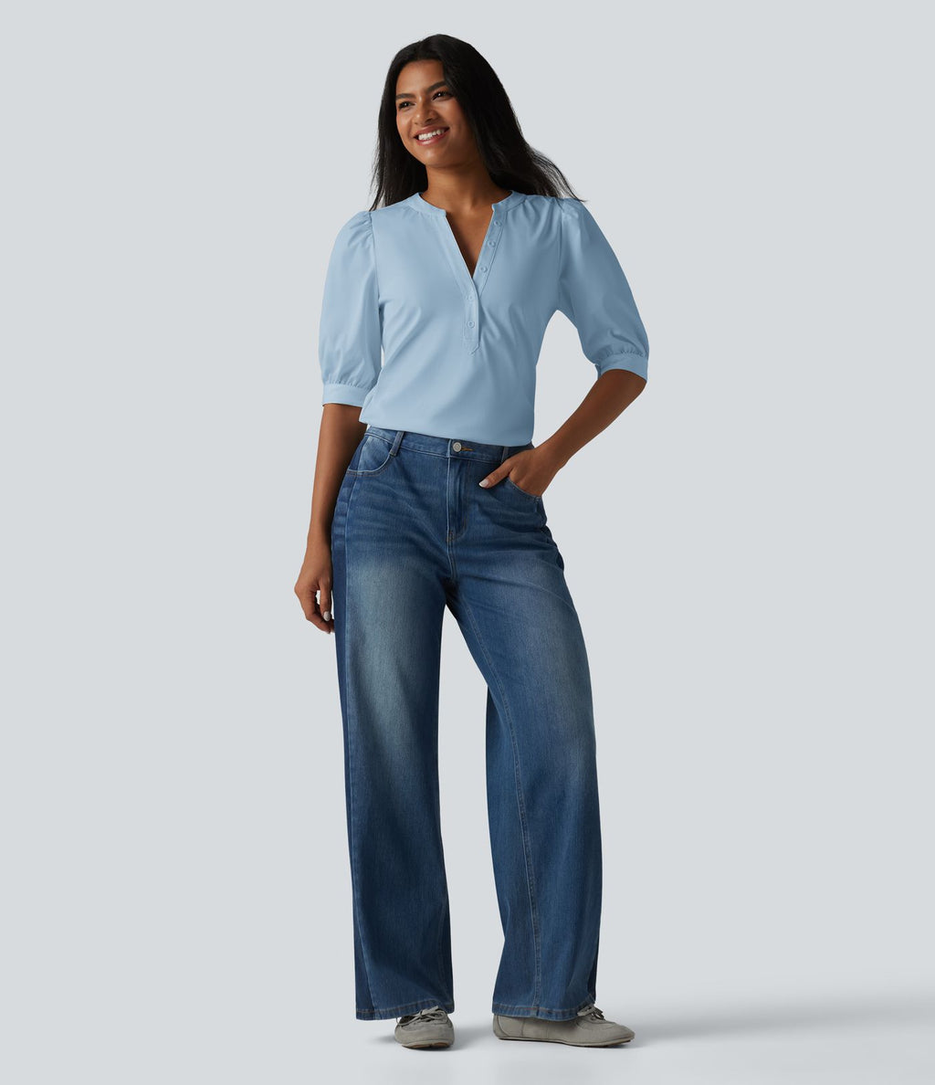 Blouse décontractée col Henley manches bouffantes mi-longues