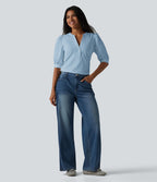 Blouse décontractée col Henley manches bouffantes mi-longues