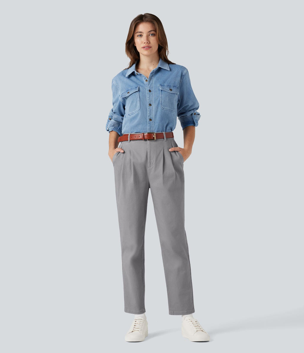 Pantalon coton coupe ajustée taille haute avec poches