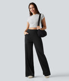 Pantalon large fluide décontracté en lin stretch taille haute gainant avec poches