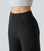 Pantalon large fluide décontracté en lin stretch taille haute gainant avec poches