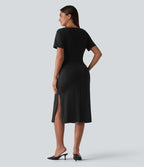 Halara Flex™ Robe casual mi-longue en jean col bateau à manches courtes, froncée avec fente