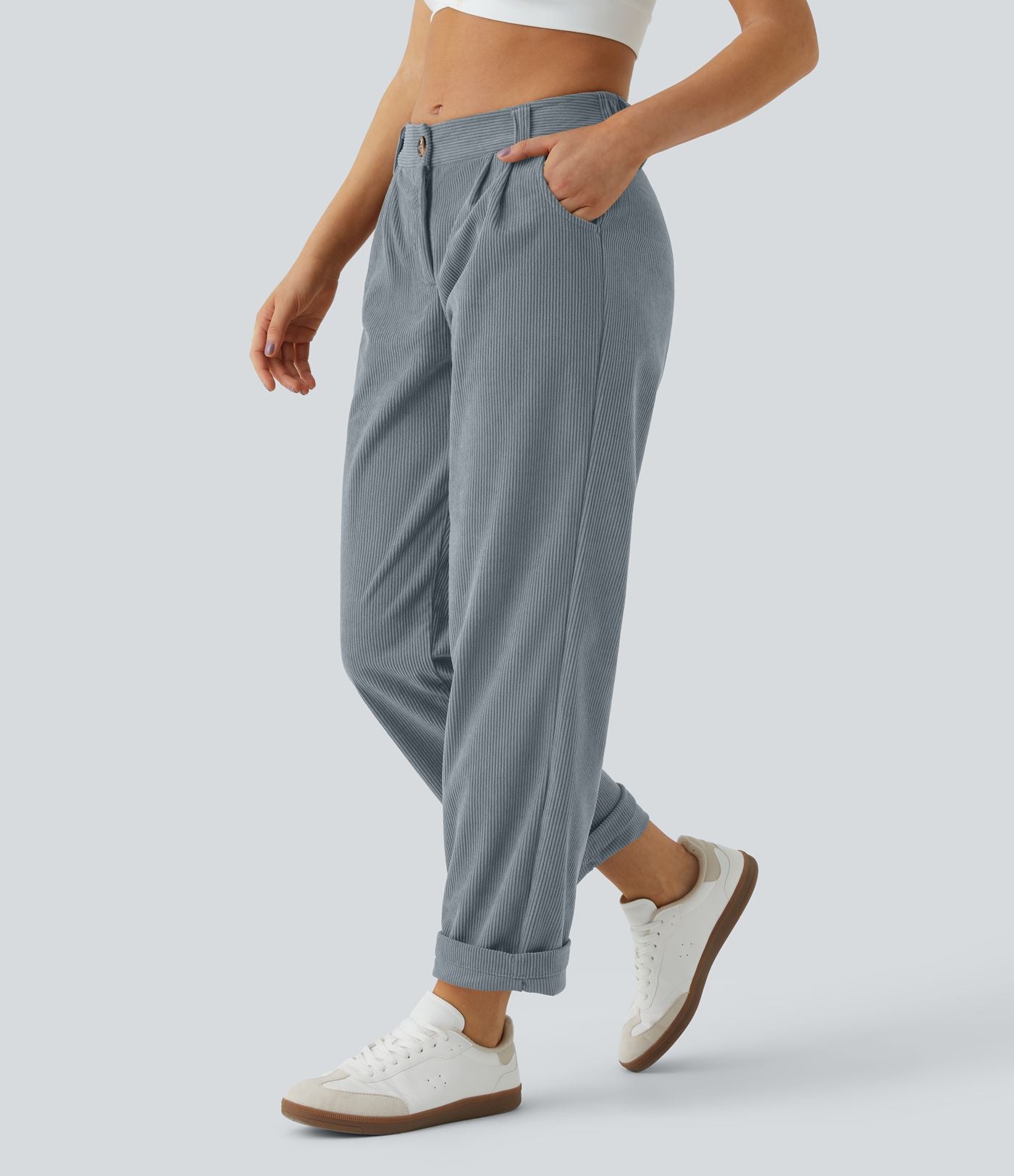 Pantalon en velours côtelé décontracté taille moyenne avec poches latérales