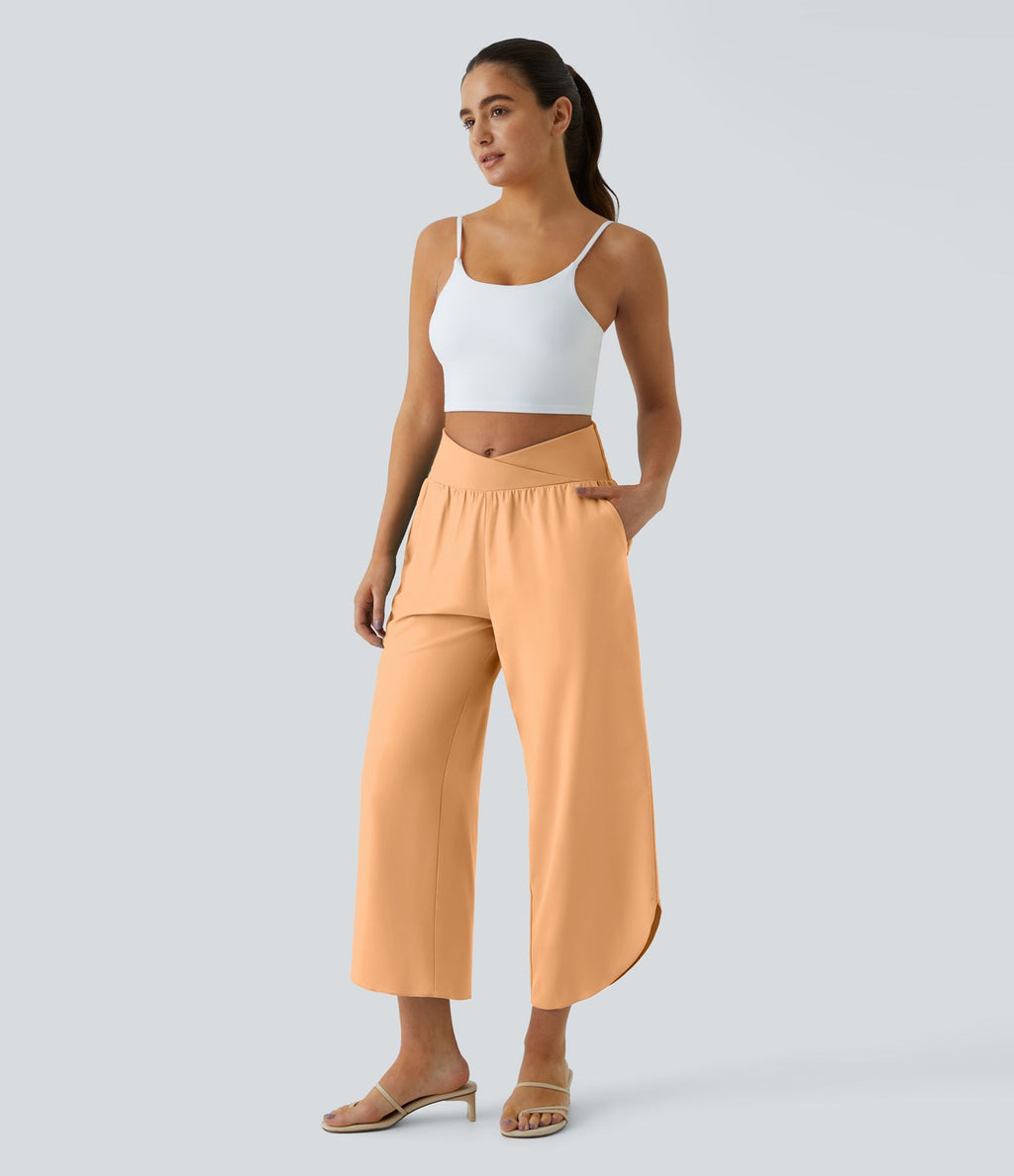 Breezeful™ Pantalon Fluide Vacances Séchage Rapide Taille Haute Croisée Poches Latérales Plissées Fente