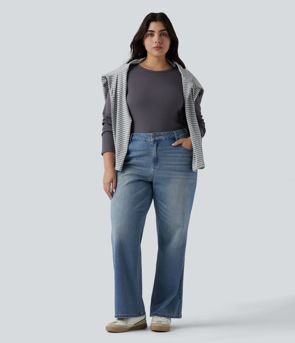 Jean bootcut décontracté Halara Flex™ délavé taille basse grande taille avec poches