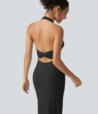 Robe midi moulante en maille côtelée à col halter