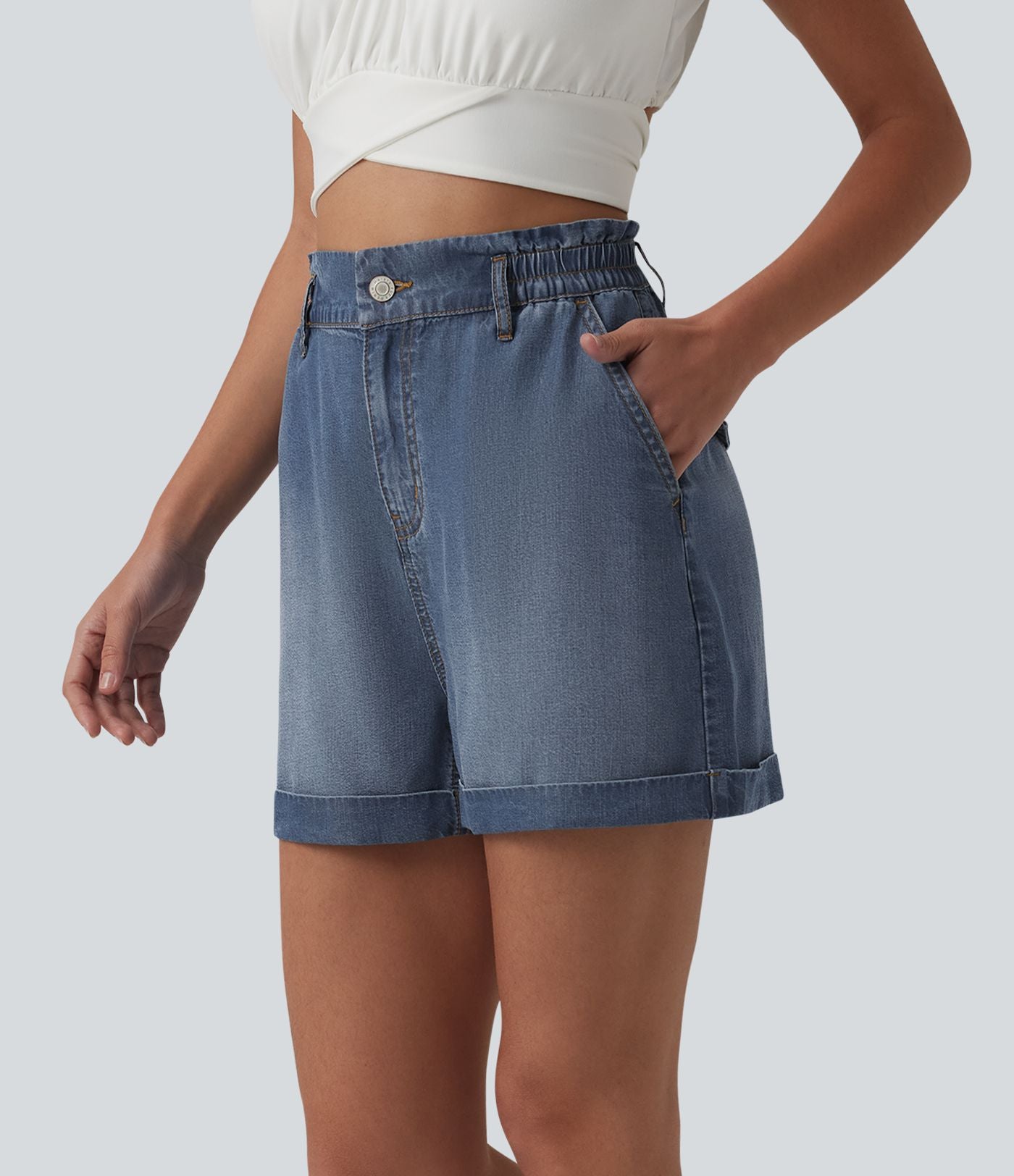 Short en jean décontracté taille haute 7,5 cm avec poches