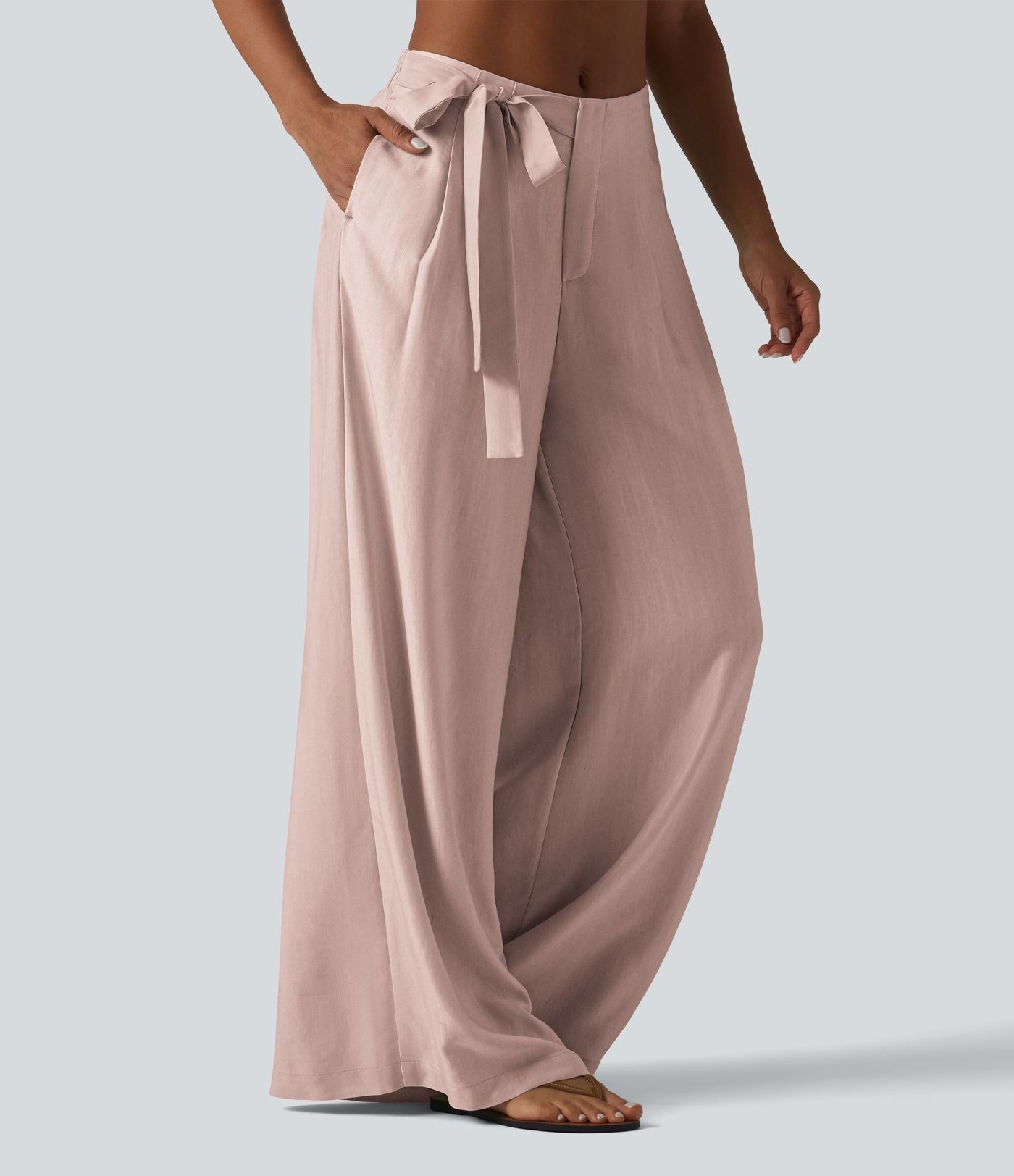 Pantalon large fluide taille haute en lin mélangé avec poches et liens latéraux
