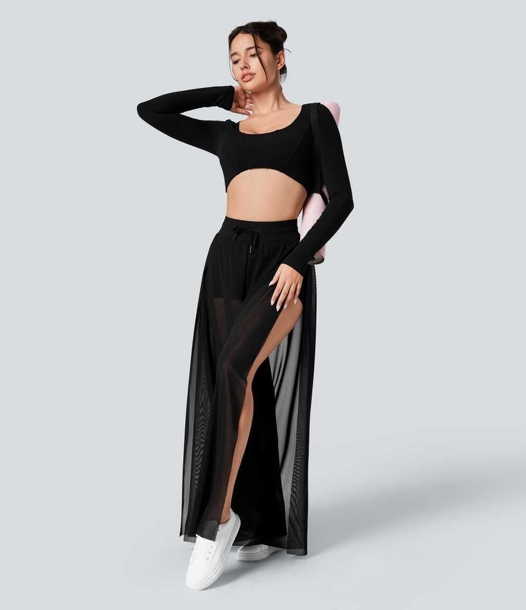 Pantalon Yoga 2 en 1 à Taille Haute avec Cordon de Serrage Maille Contrastée Fendu Poche Latérale et Jambes Amples et Fluides