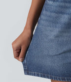 Jupe décontractée taille haute en denim imprimé, molleton français, avec poches
