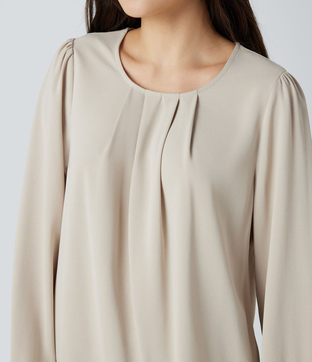 Blouse tailleur décontractée col rond dos keyhole manches bouffantes ourlet arrondi