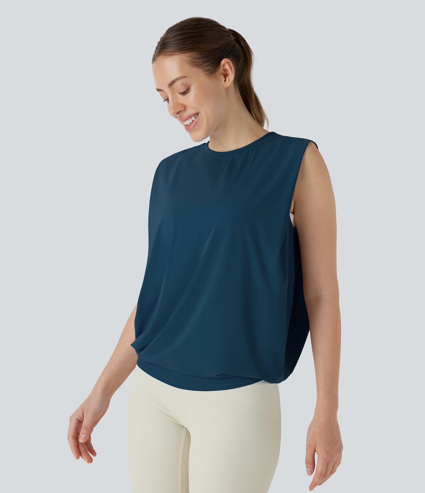 Débardeur de yoga col rond froncé, tissu rafraîchissant - Protection UPF50+