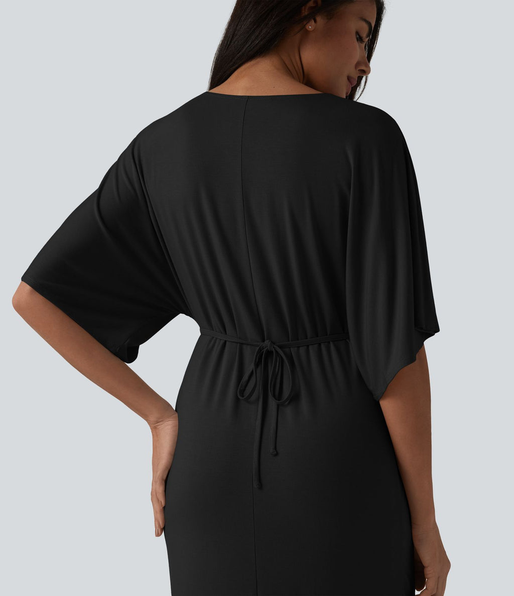 Robe midi col V manches chauve-souris ourlet tulipe torsadé