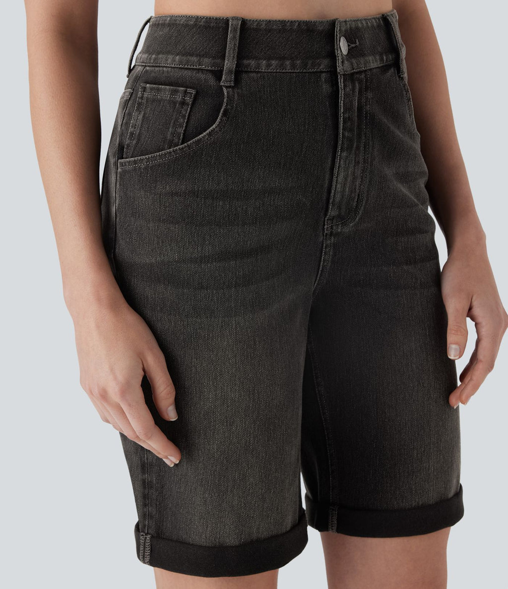 Bermuda décontracté en jean extensible délavé Halara Flex™ taille haute avec revers et multiples poches