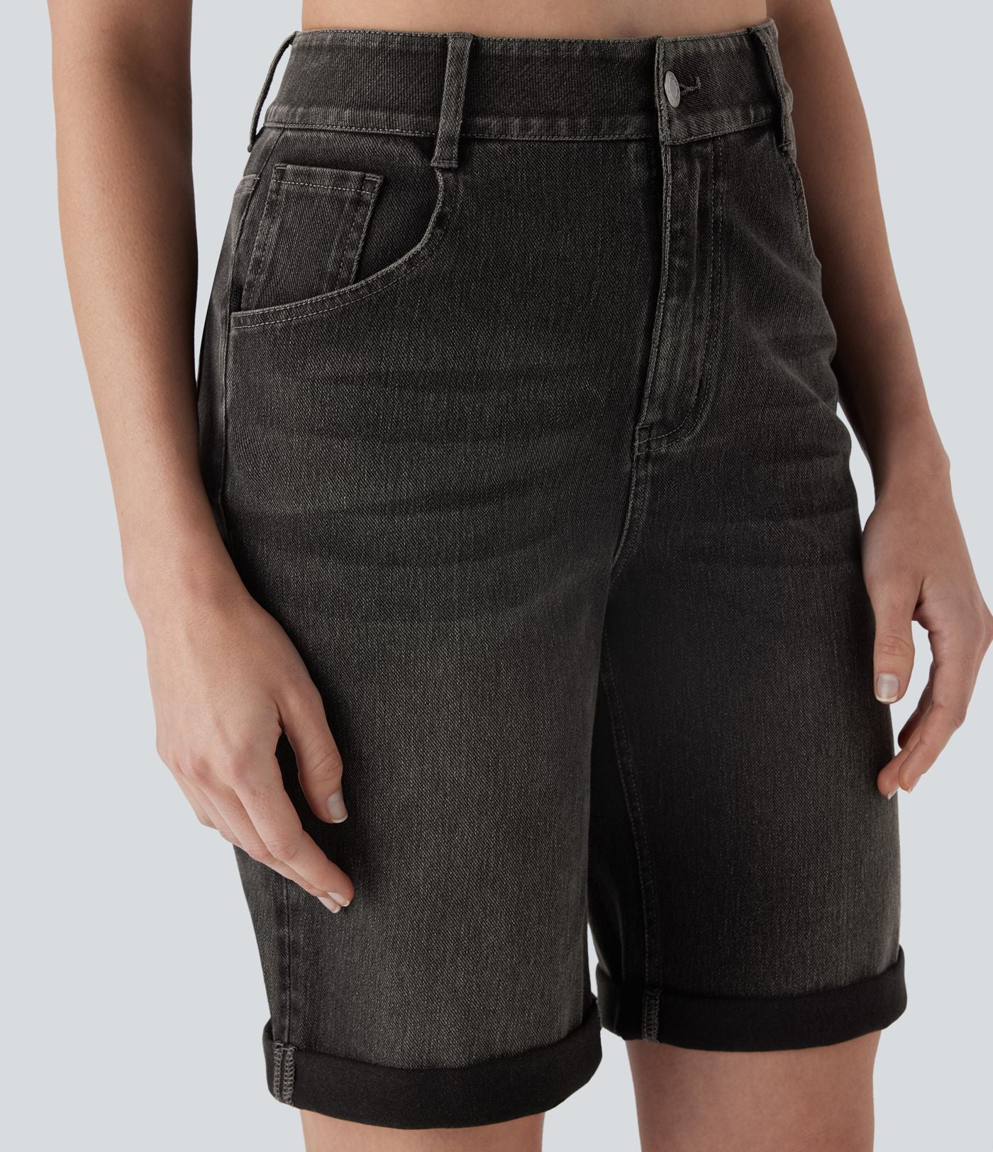 Bermuda décontracté en jean extensible délavé Halara Flex™ taille haute avec revers et multiples poches