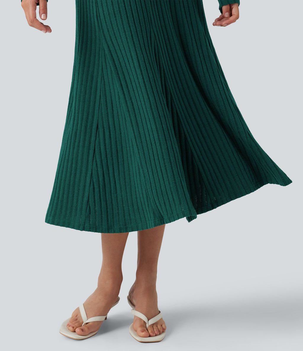Robe midi fluide en maille côtelée à col Henley et manches longues