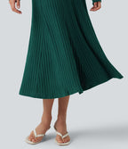 Robe midi fluide en maille côtelée à col Henley et manches longues