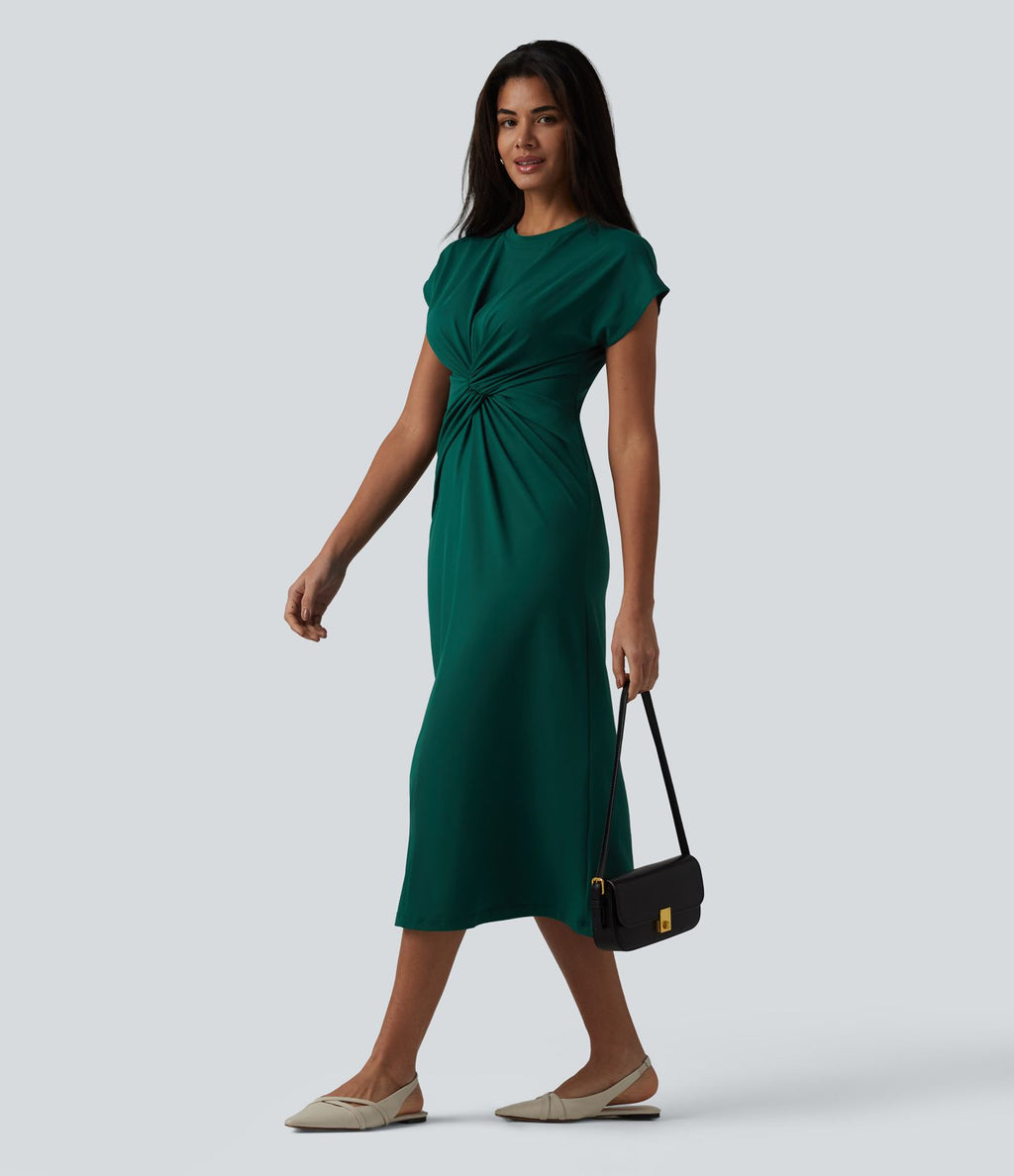 Robe de travail midi à col rond et manches courtes