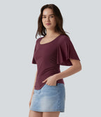 T-shirt décontracté maille côtelée col carré manches papillon froncé