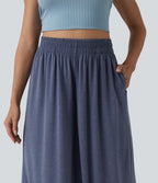 Pantalon large fluide chiné resort taille haute avec poches