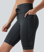 Short cycliste de yoga taille haute à rayures avec cordon de serrage 23 cm et poches