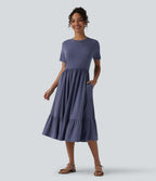 Robe midi casual chinée col rond à manches courtes, avec poches