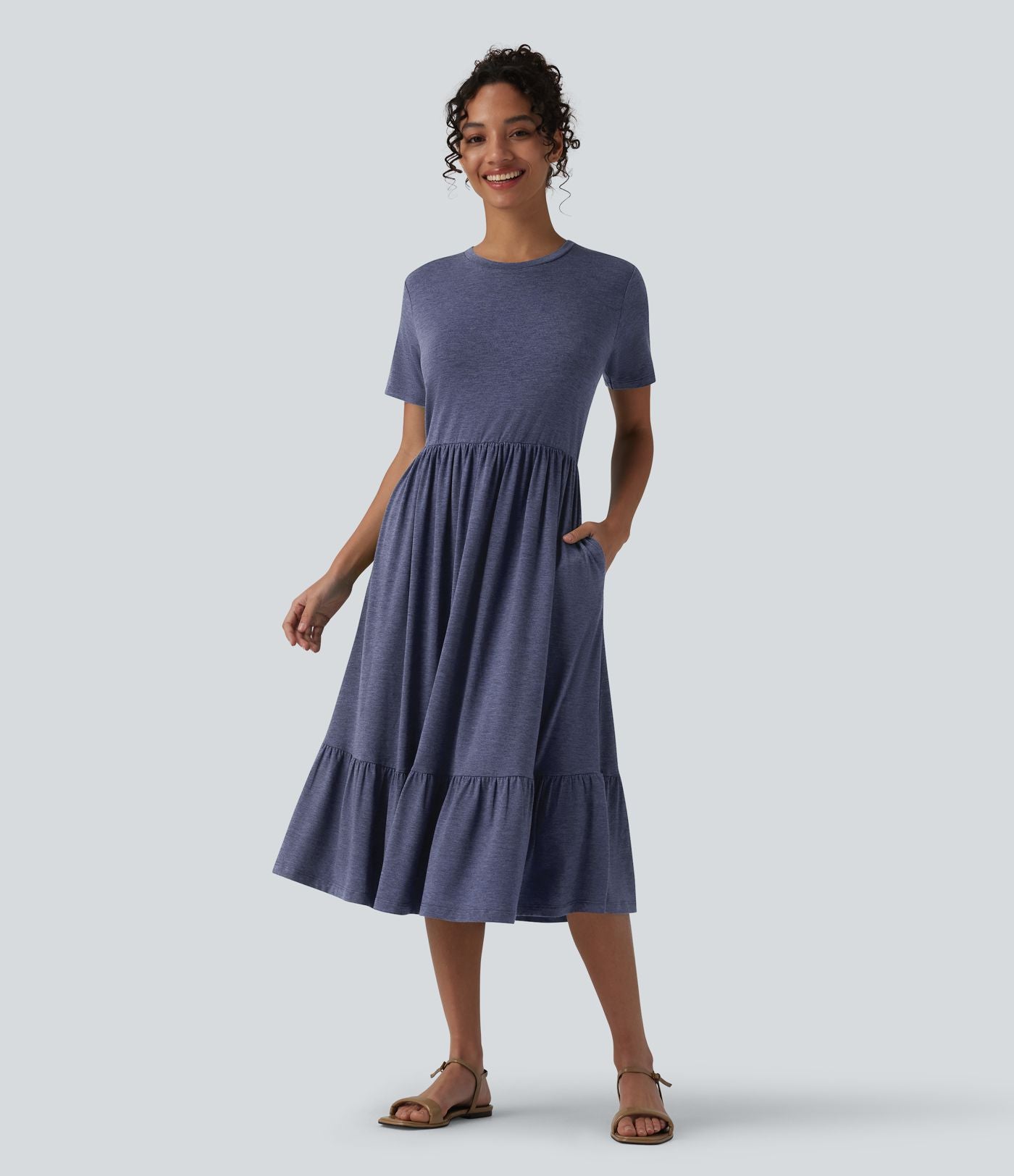 Robe midi casual chinée col rond à manches courtes, avec poches