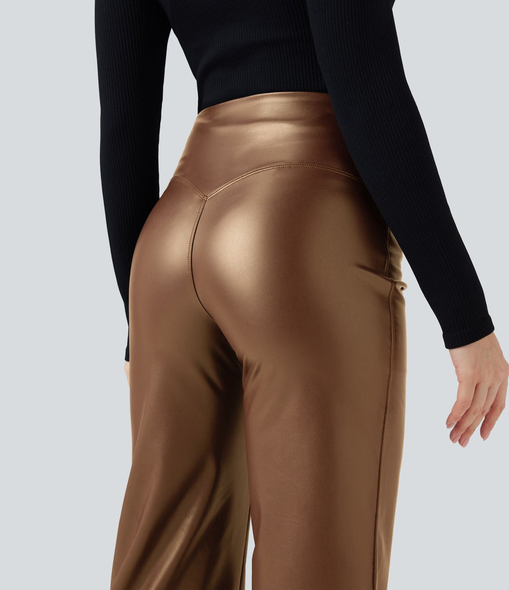 Pantalon similicuir évasé gainant taille haute stretch avec poches