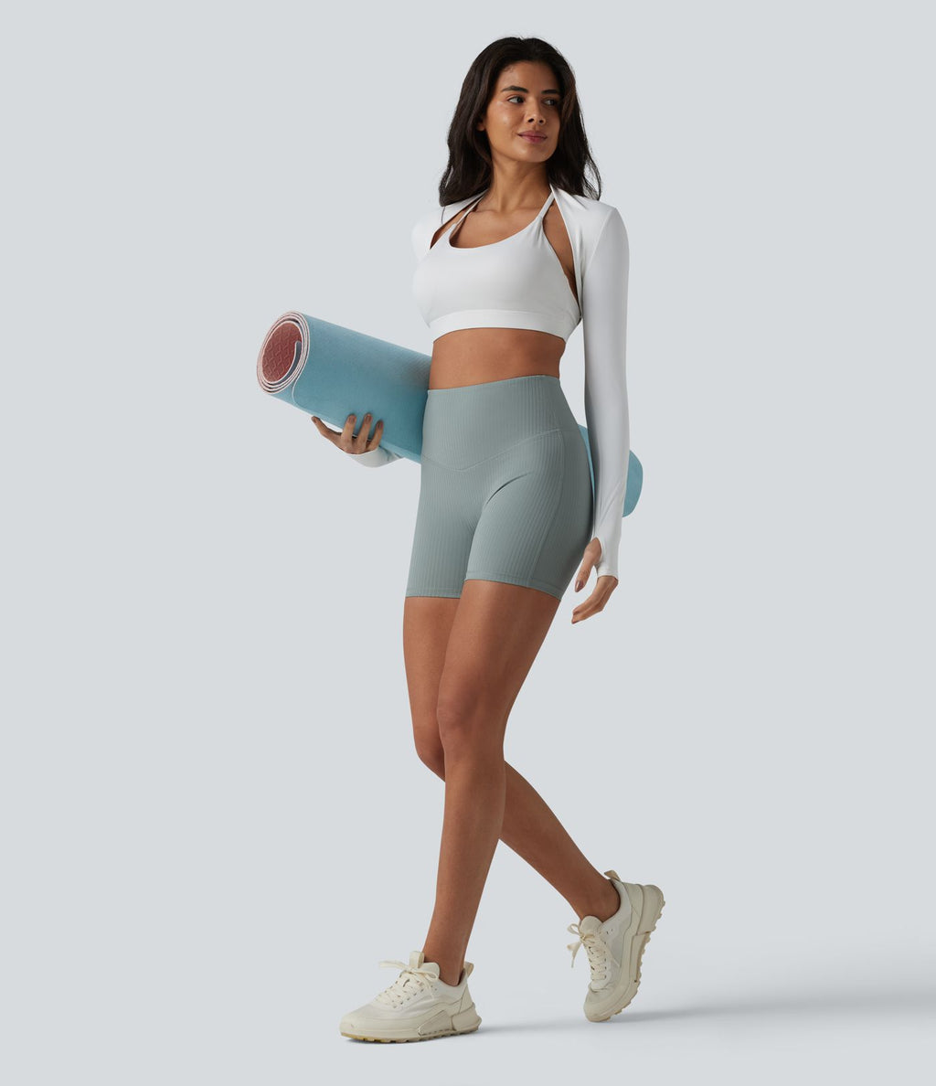 Short cycliste de yoga côtelé taille haute 12,5 cm avec poche