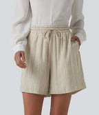 Short tailleur large en lin rayé taille haute avec cordon de serrage et poches