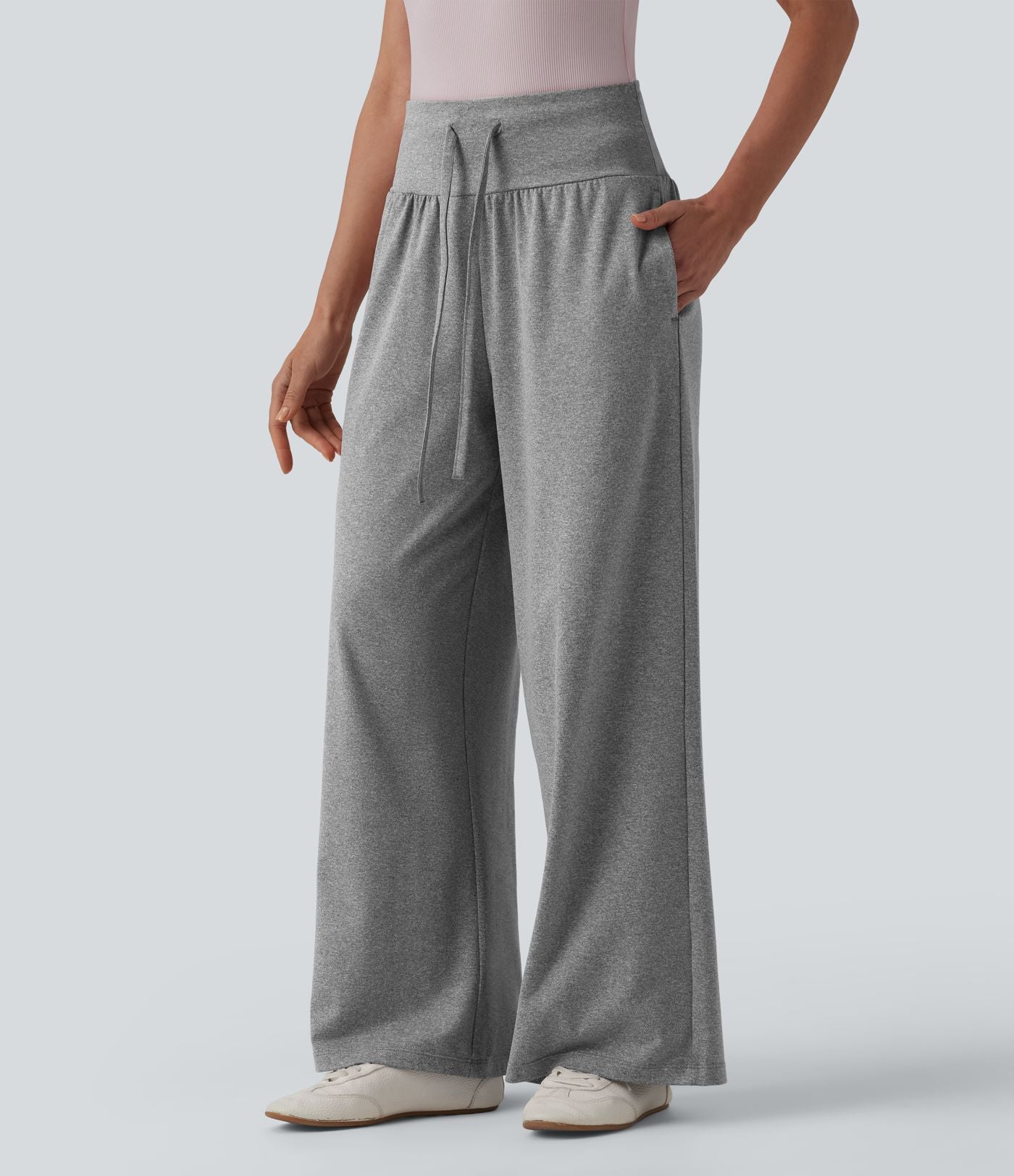 Pantalon casual large gainant taille haute à cordon de serrage avec poches