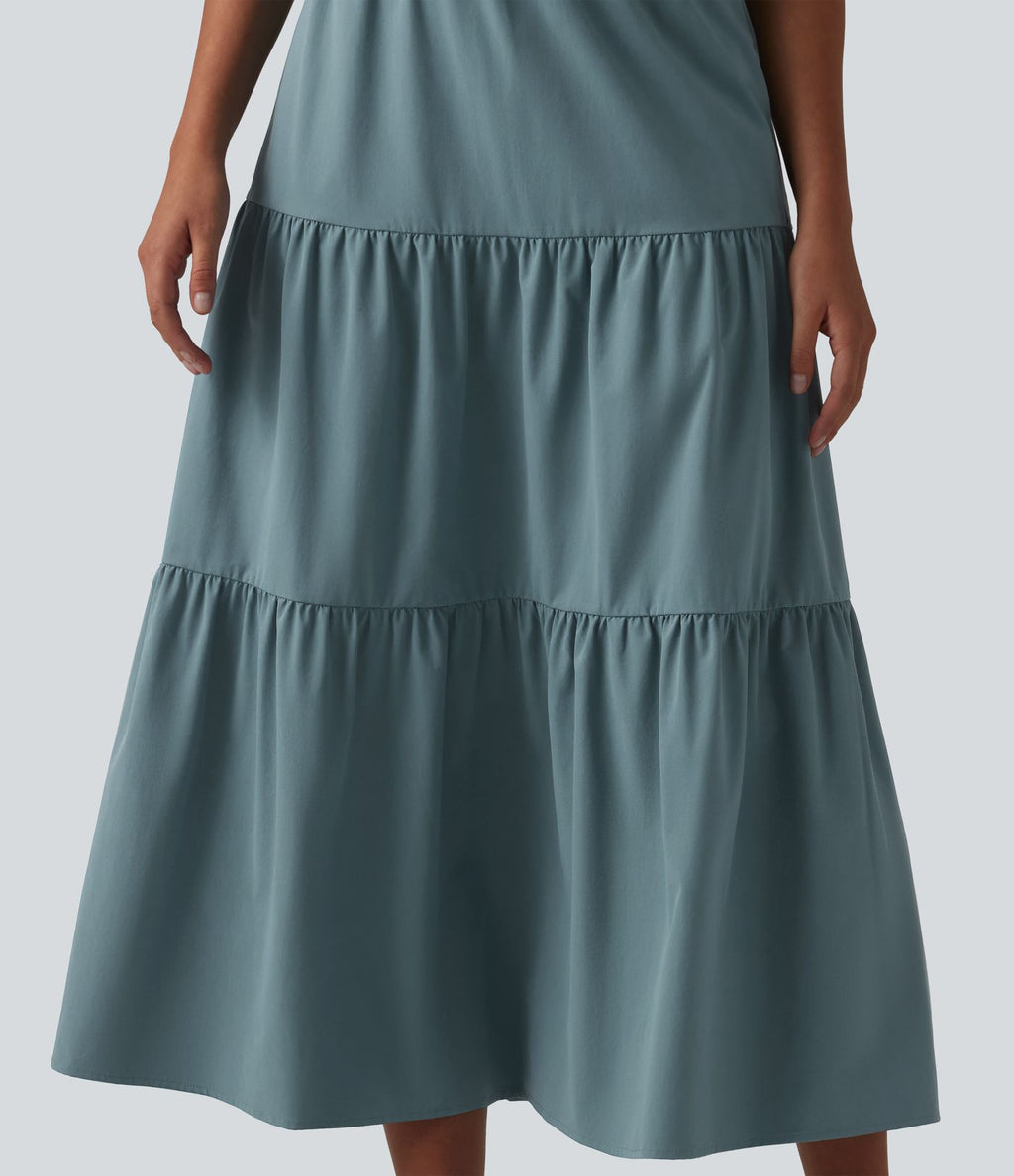 Robe midi décontractée en popeline stretch à manches courtes et col en V