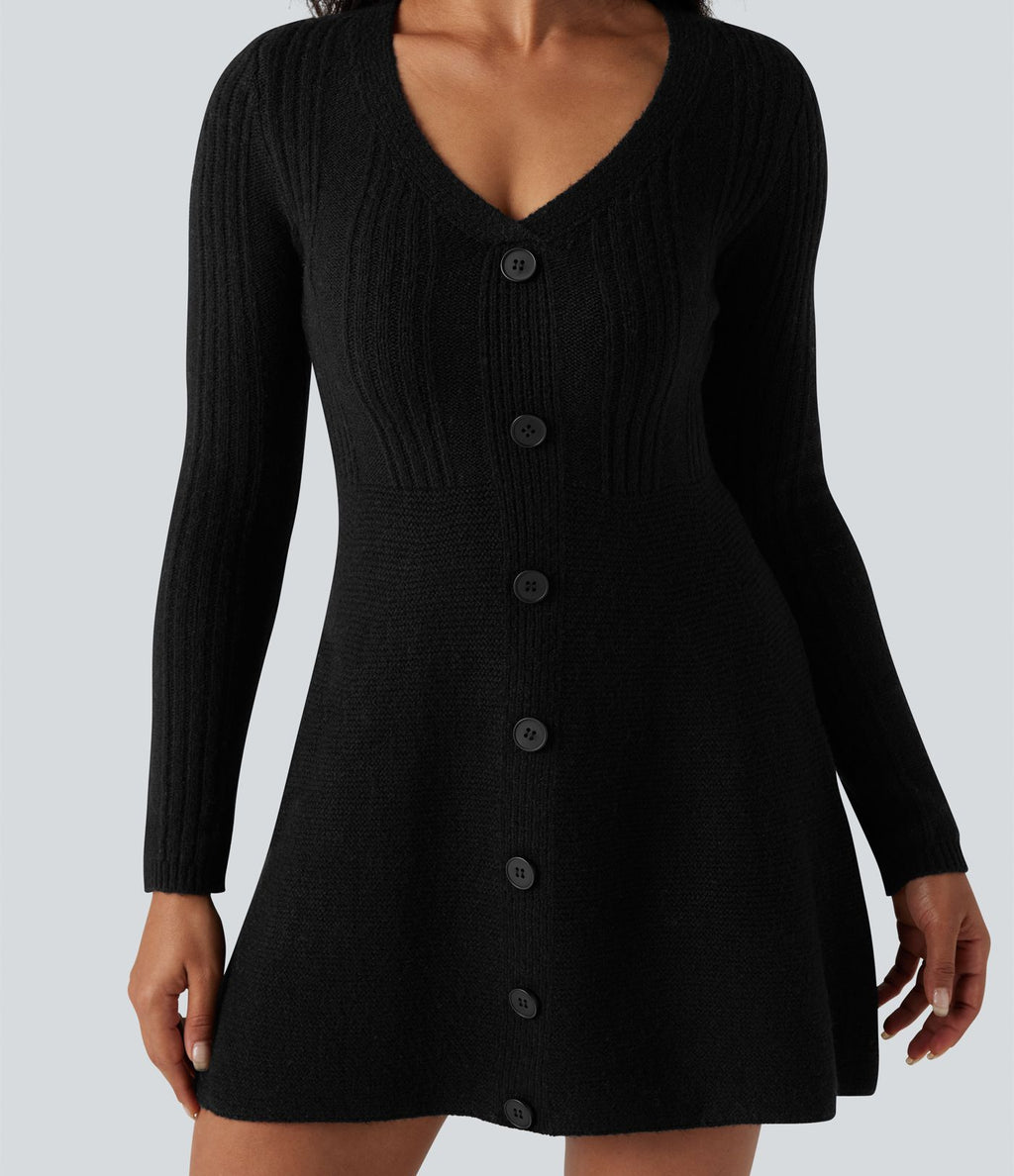 Robe pull courte col V manches longues