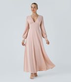 Robe longue de demoiselle d'honneur et invitée de mariage, col V, dos nu, liens à nouer, boutons et manches évasées