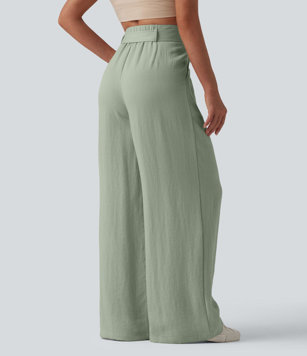 Pantalon casual ample taille haute aspect lin avec ceinture et poches