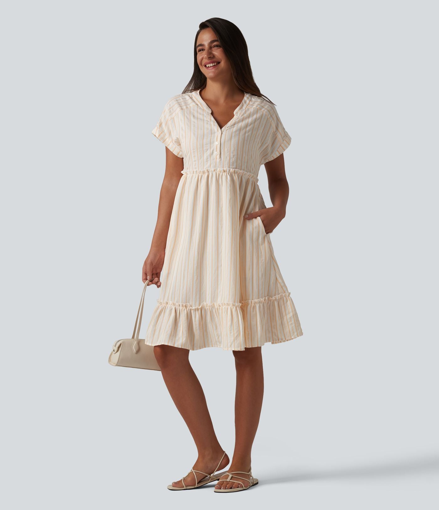Robe décontractée mini col V manches courtes à rayures avec poches