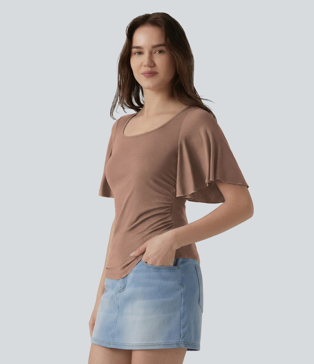 T-shirt décontracté maille côtelée col carré manches papillon froncé