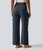 Pantalon taille haute coupe droite effet lin avec poches