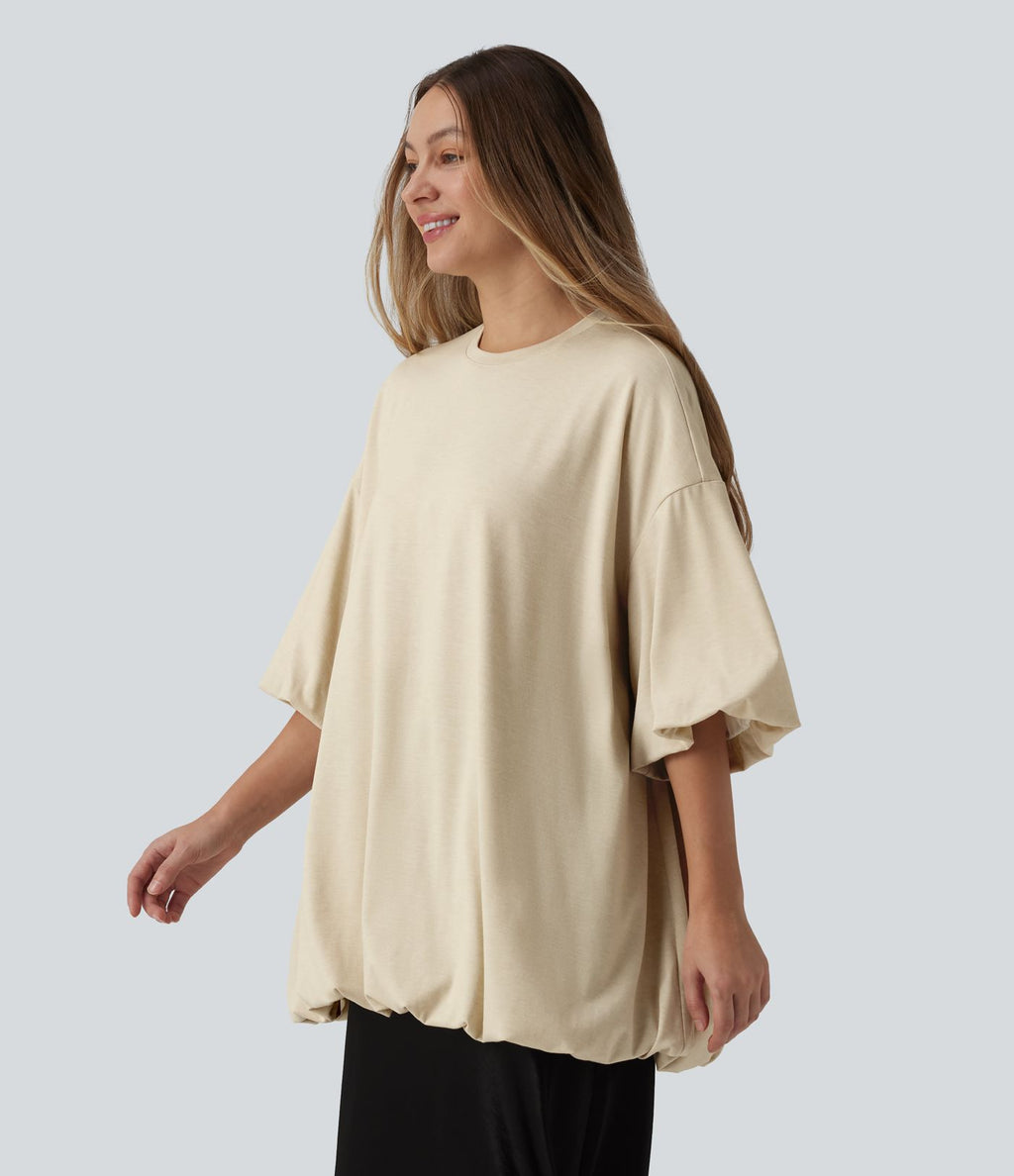 Top casual oversize col rond à manches mi-longues et ourlet boule