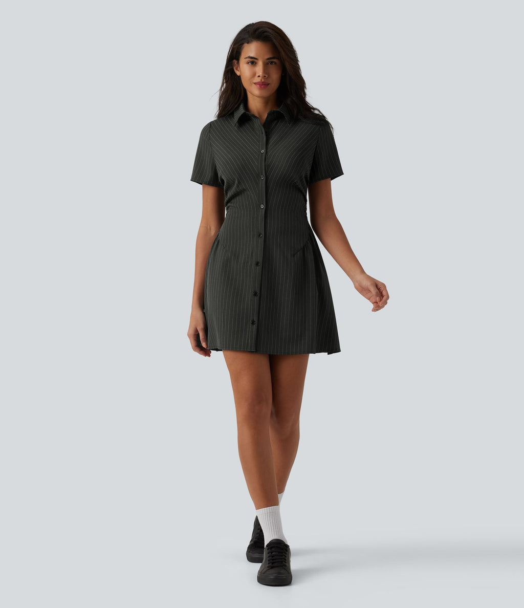 Robe chemise courte casual col manches courtes avec fronces et taille cintrée à rayures