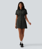 Robe chemise courte casual col manches courtes avec fronces et taille cintrée à rayures