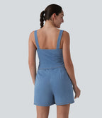 Halara Flex™ Combinaison short casual en denim sans manches à encolure carrée avec poches — Édition Easy Peasy