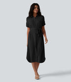 Robe-chemise midi casual à manches courtes aspect lin, ceinturée et avec poches