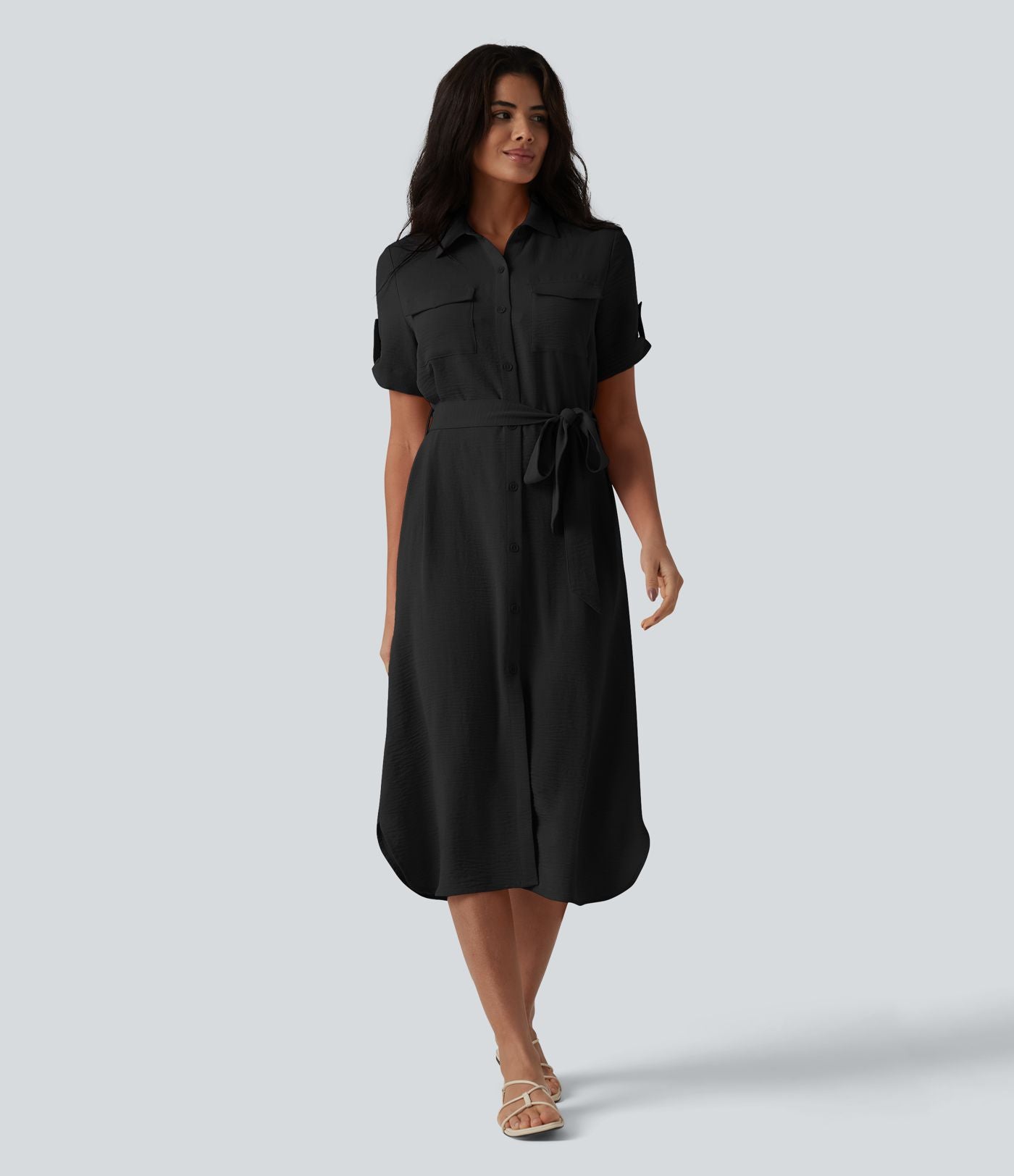 Robe-chemise midi casual à manches courtes aspect lin, ceinturée et avec poches