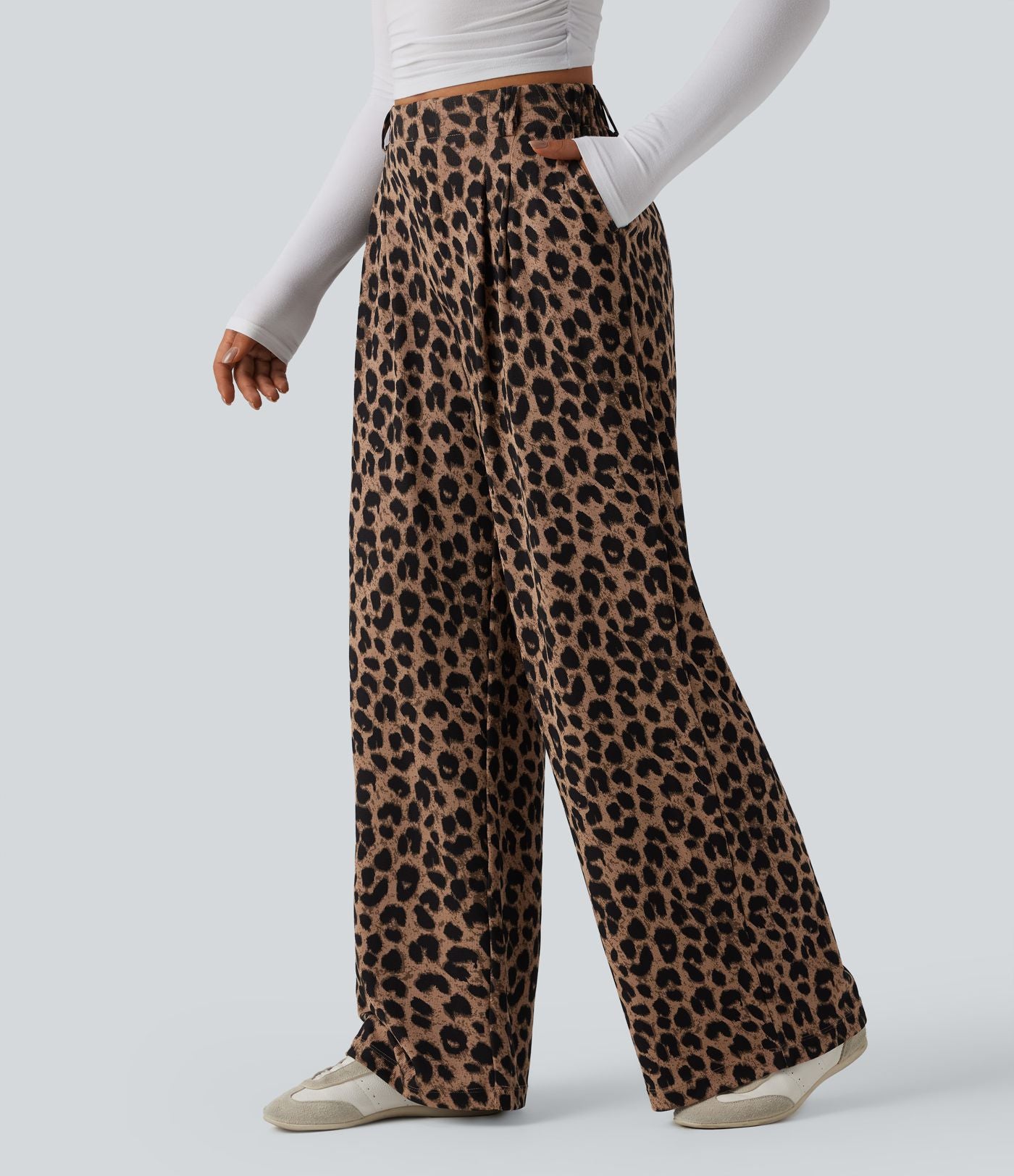 Pantalon large décontracté taille haute imprimé léopard en tissu gaufré avec poches