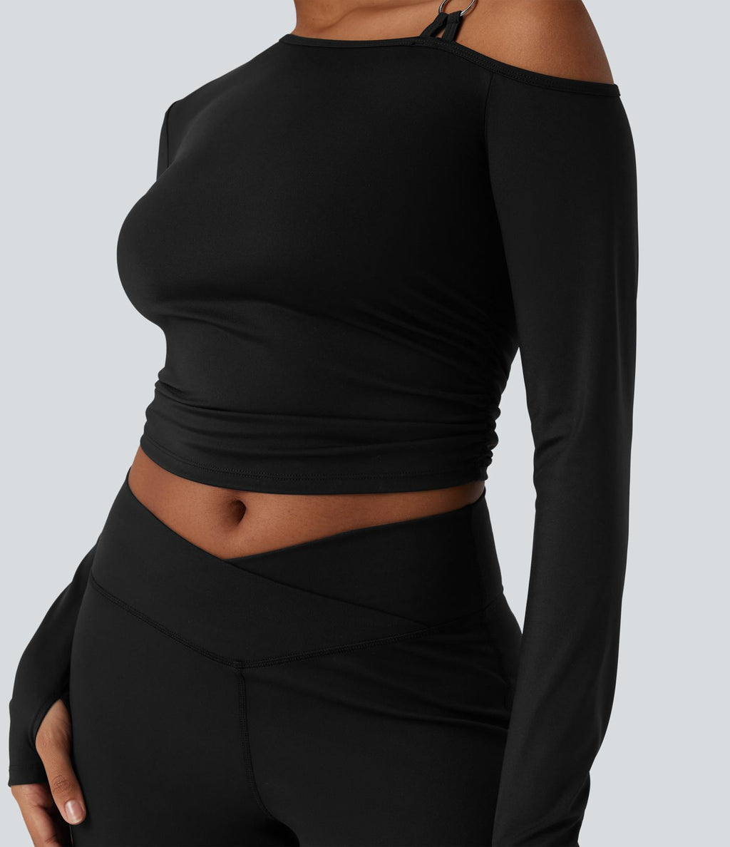 Haut de sport yoga SoftlyZero™ Airy une épaule manches longues avec passe-pouces froncé effet frais InstantCool, protection solaire UPF50+