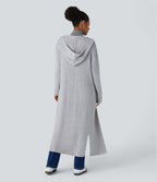 Cardigan long casual à capuche, manches longues et poches