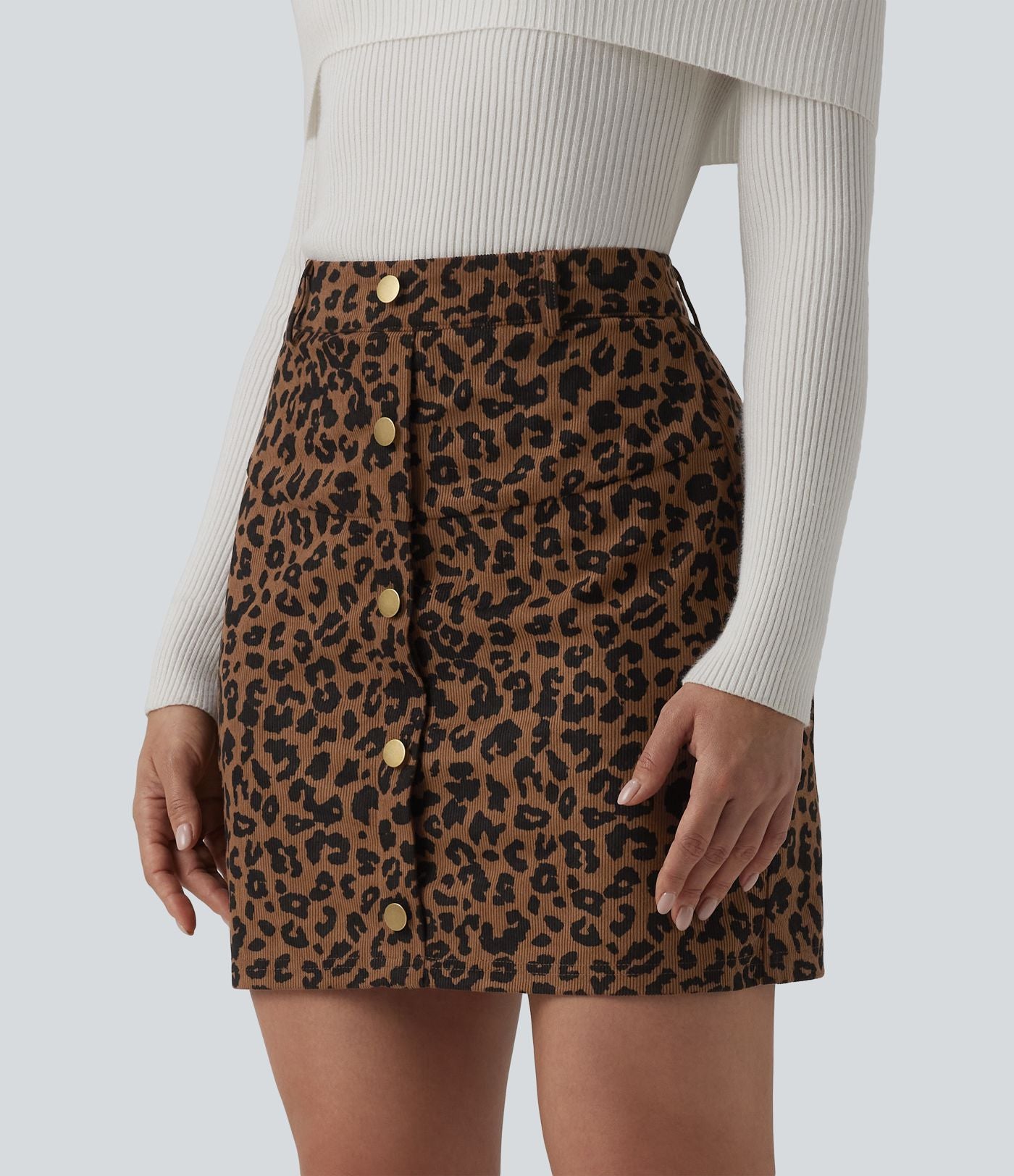 Jupe mini casual 2-en-1 léopard taille haute avec poche — Longueur allongée