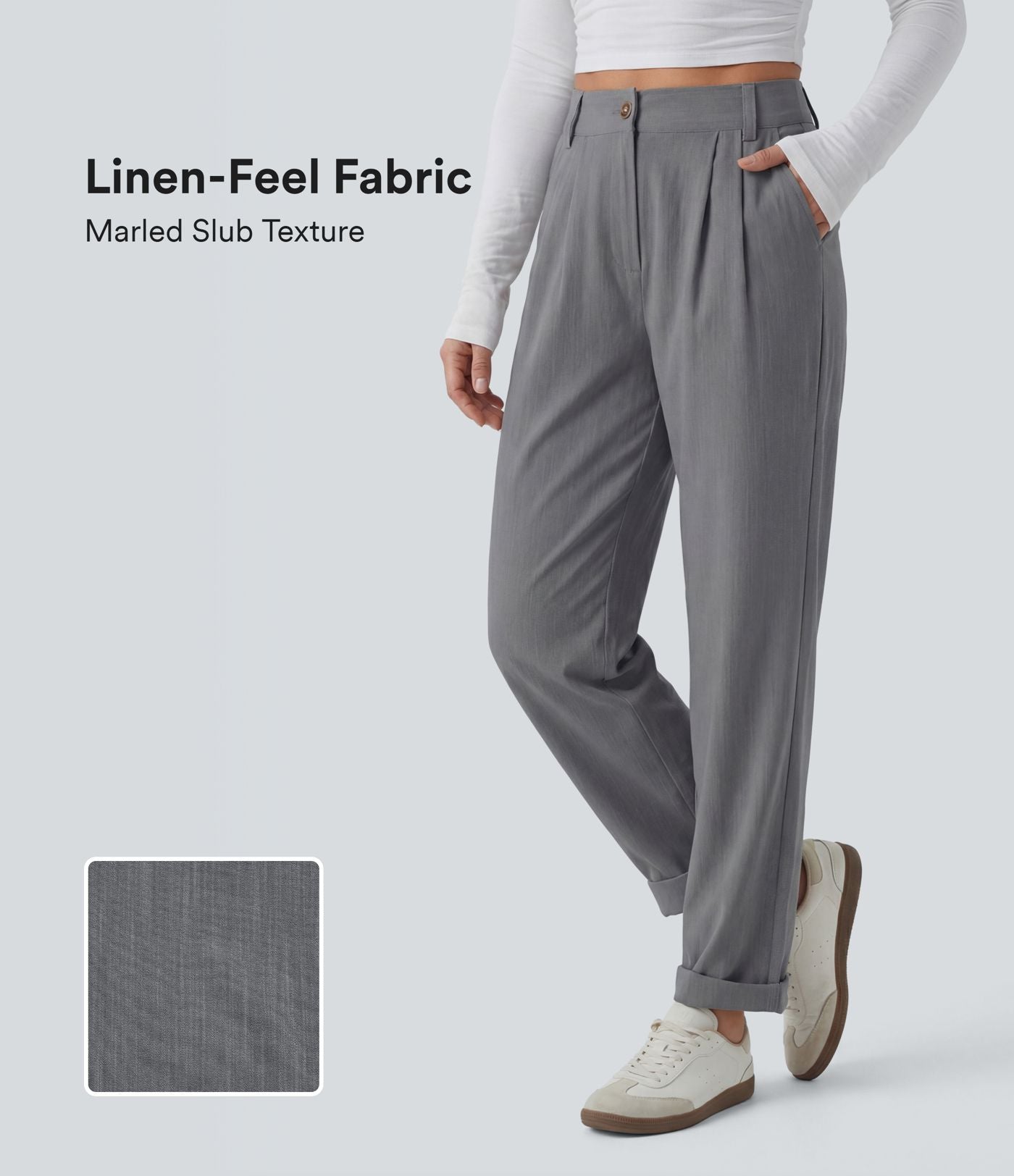 Pantalon décontracté mi-taille effet lin avec poches
